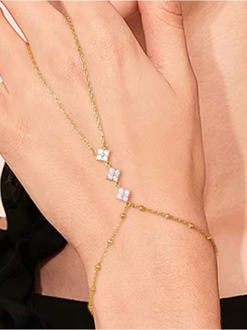 Gold Hand Chain Bracelet with White Cubic Zirconia Accents